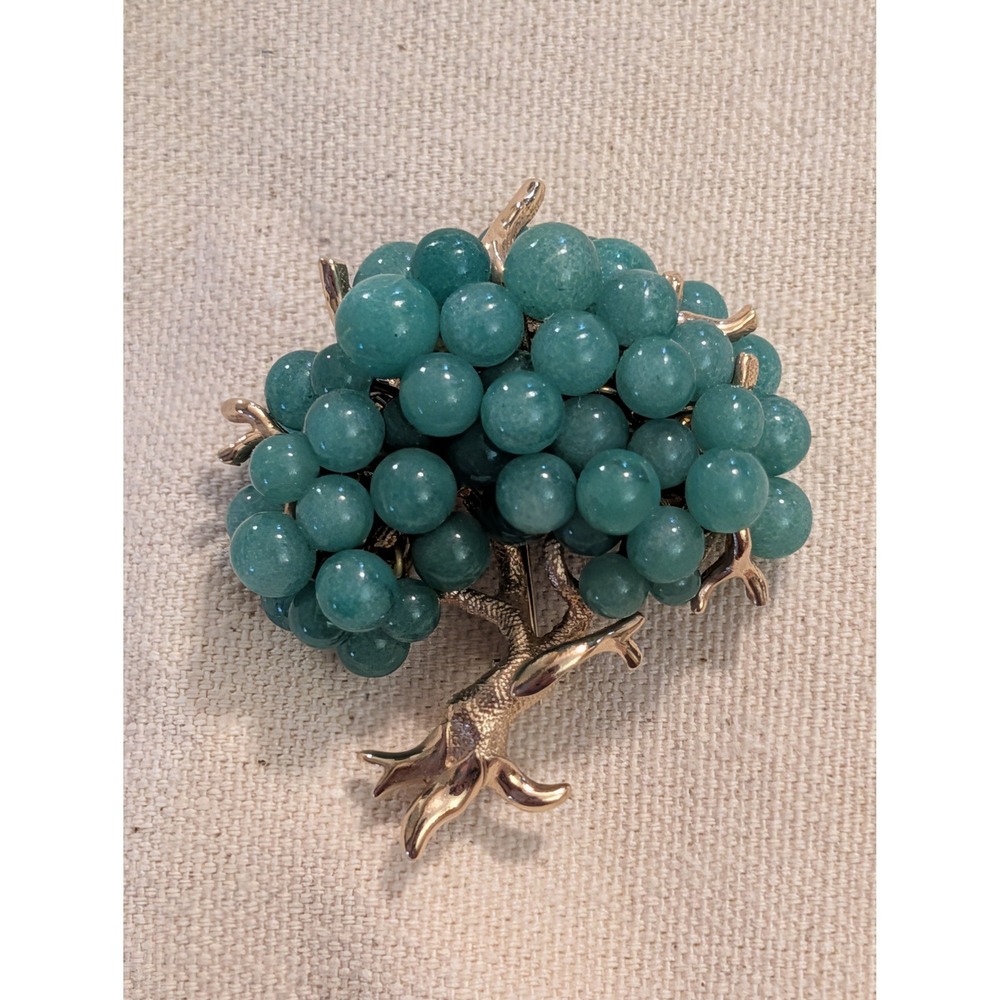 Boucher 8853P Vintage Tree Brooch Green Adventurine Glass Beads Gold Tone Pin